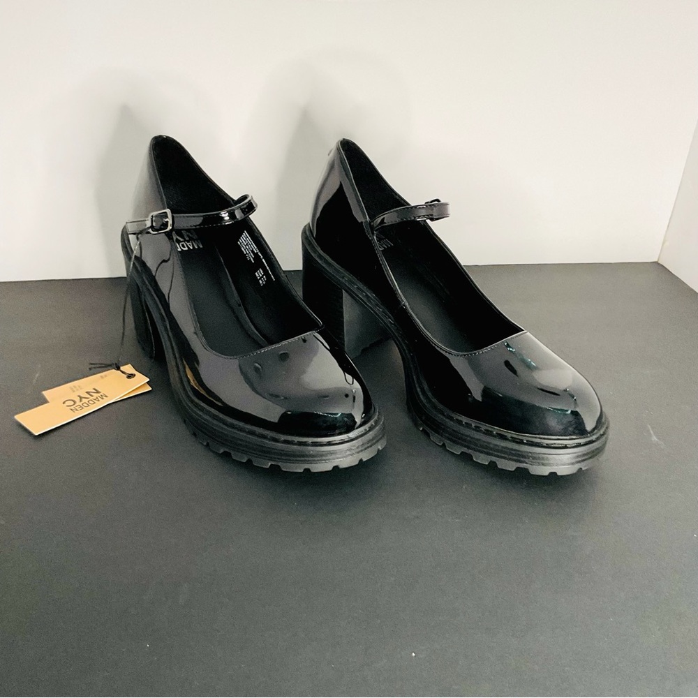 Madden NYC Black Patent Mary Jane Heels Chunky Platform Lug Sole Size 9.5 NWT